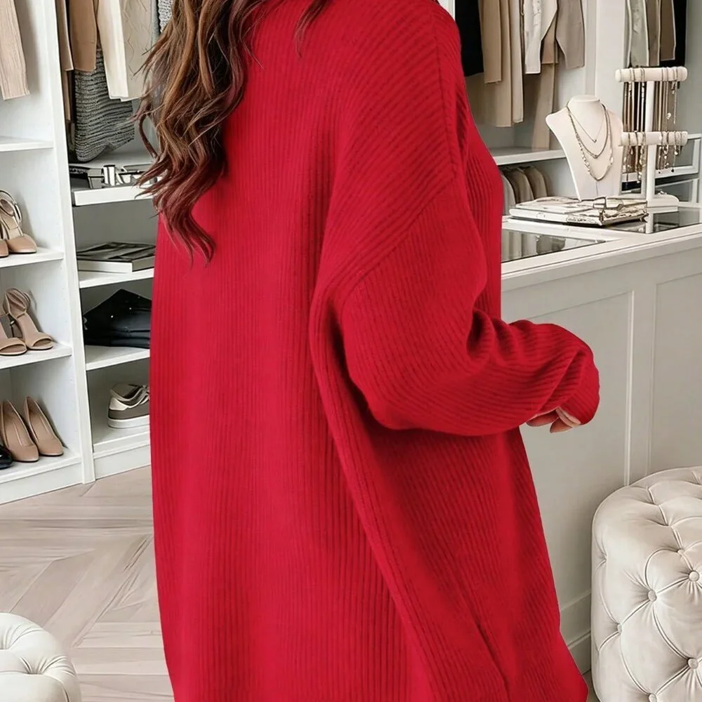 Red Casual Women's Minimalist Knitted Turtleneck Sweater